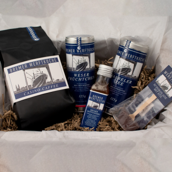 Kaufen Präsentkarton Bremer Werftküche Kaffee Bohnenkaffee Filterkaffee Pulverkaffee Gourmetkaffee Münchhausen Qualitätskaffee gemahlener Kaffee Kaffeegenuss Caf Tee Schwarztee Früchtetee Aufgusstee Babbeler Teespezialitäten Trinkschokolade Schokoladensch